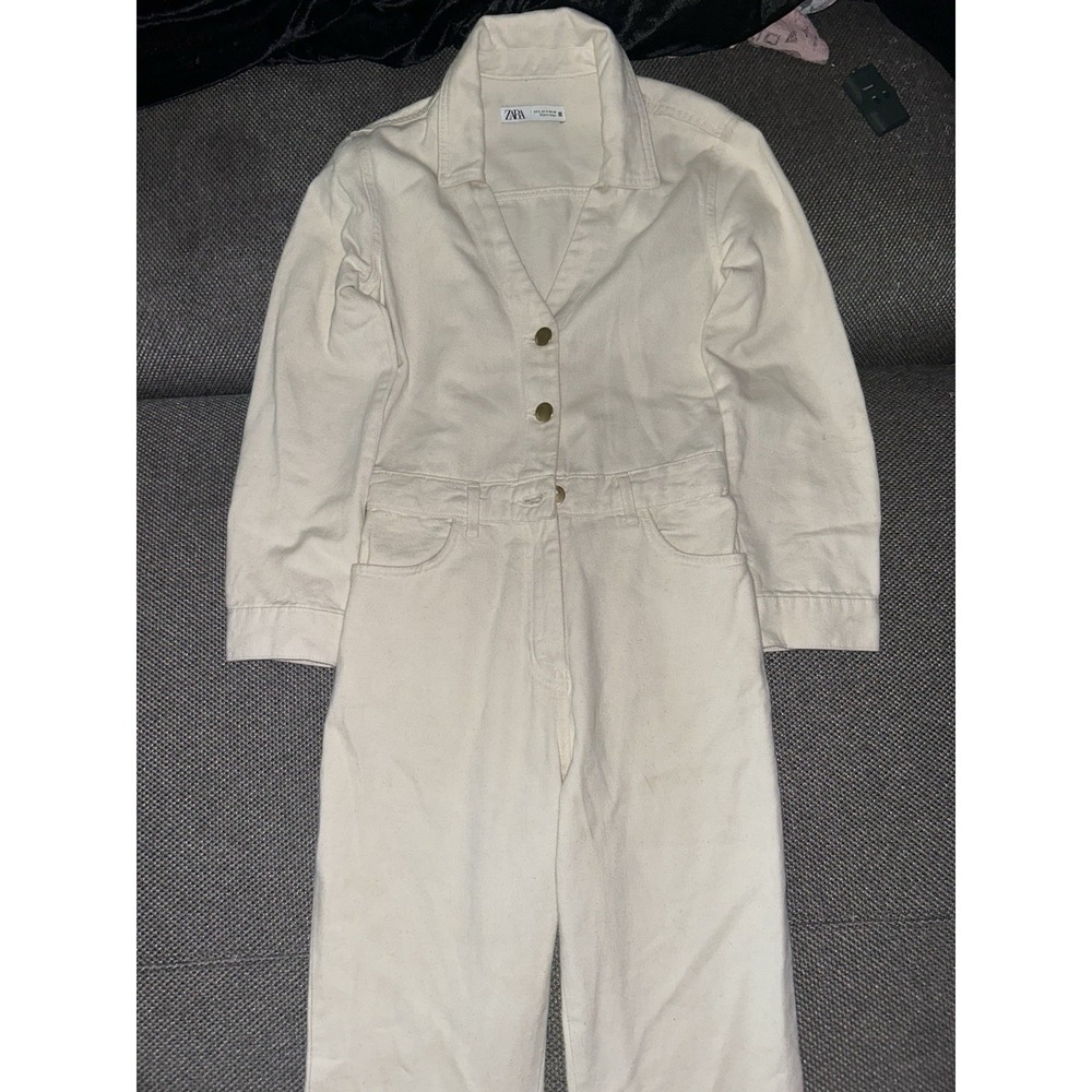 Zara Women's Cream Wide Leg Flare Jumpsuit Romper Size Small Workwear Skater